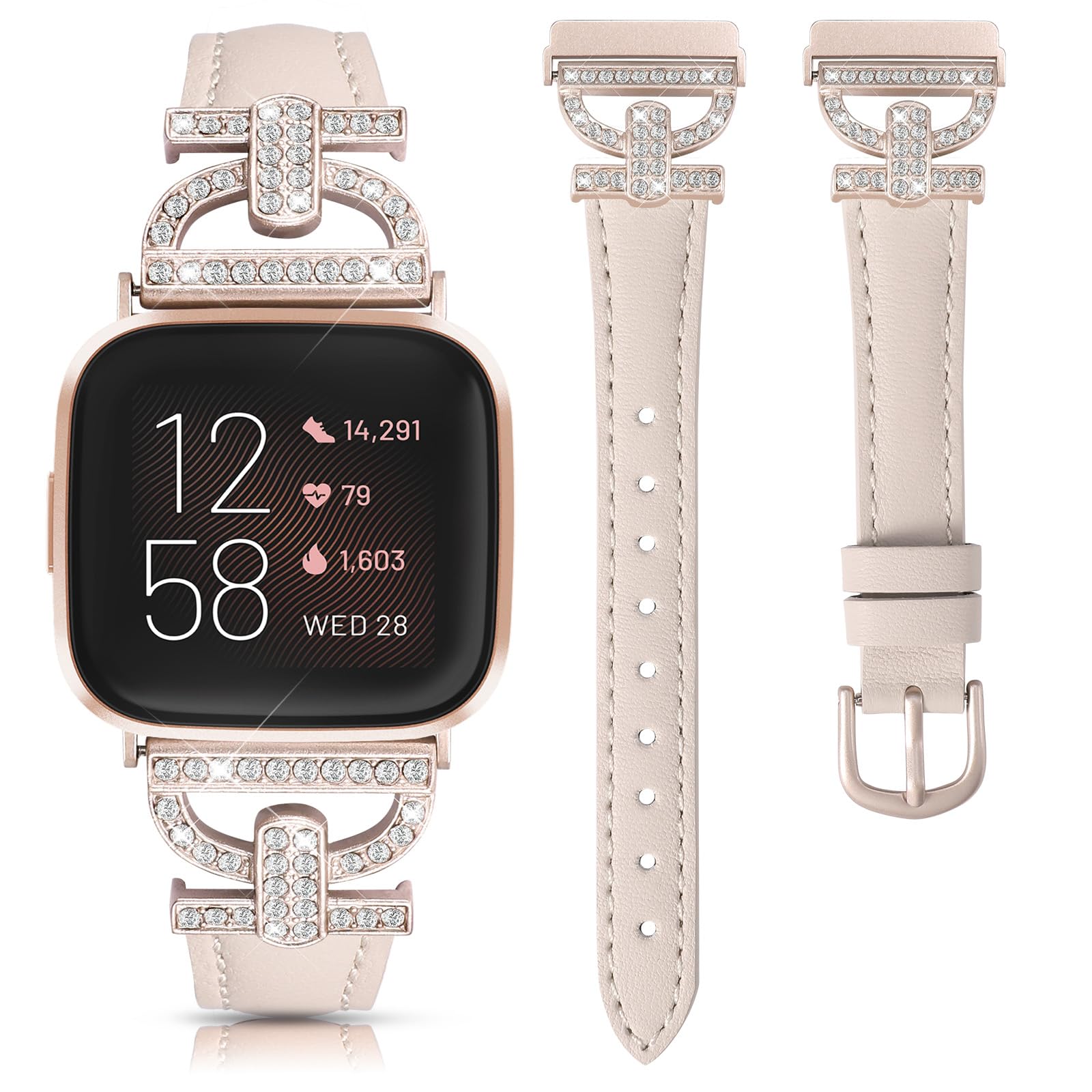 TOYOUTHS Genuine Leather Straps Compatible with Fitbit Versa 2 Straps/Versa/Versa Lite, Women Slim Dressy Strap D-Shaped Metal Buckle Rhinestones Luxury Bracelet for Versa 2, Starlight+Starlight