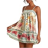 SOLY HUX Women's Boho Sundresses Floral Print Sleeveless Beach Vacation Flowy Mini Dress