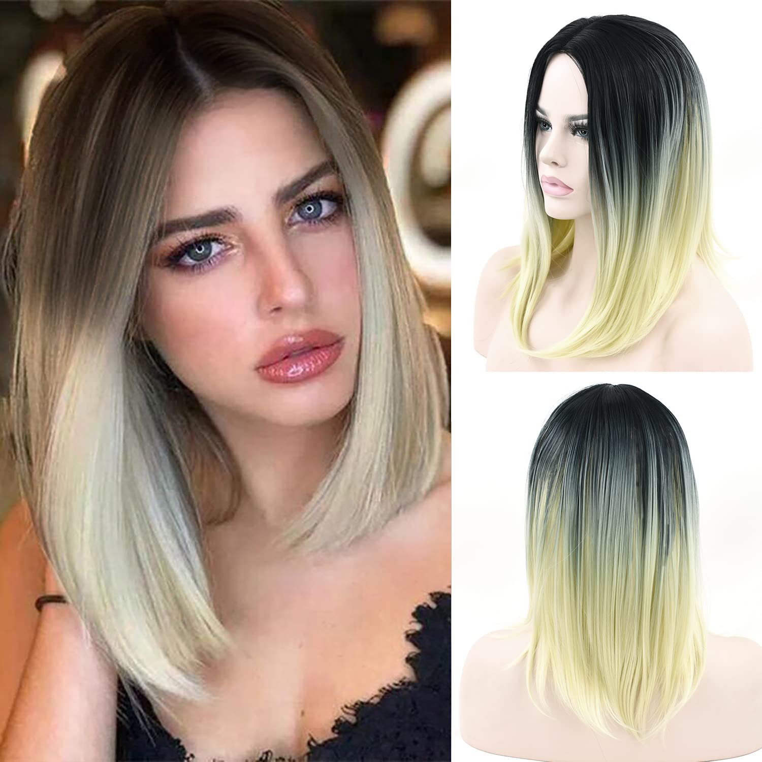 IMISSU Short Natural Hair Wigs Cosplay Wig Ombre Color Halloween Costume Party Wigs for Women (Black to Blonde)