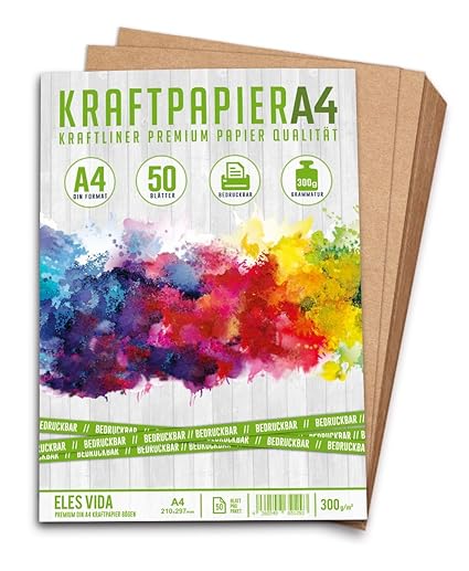 50 Blatt Kraftpapier A4-300 g - 21 x 29,7 cm - EXAKTES DIN Format - Bastelpapier & Naturkarton Pappe Blätter aus Kraftkarton 