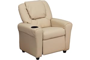 Flash Furniture Vana Vinyl Kids Recliner with Cup Holder, Headrest, and Safety Recline, Contemporary Reclining Chair for Kids, Supports up to 90 lbs., Beige