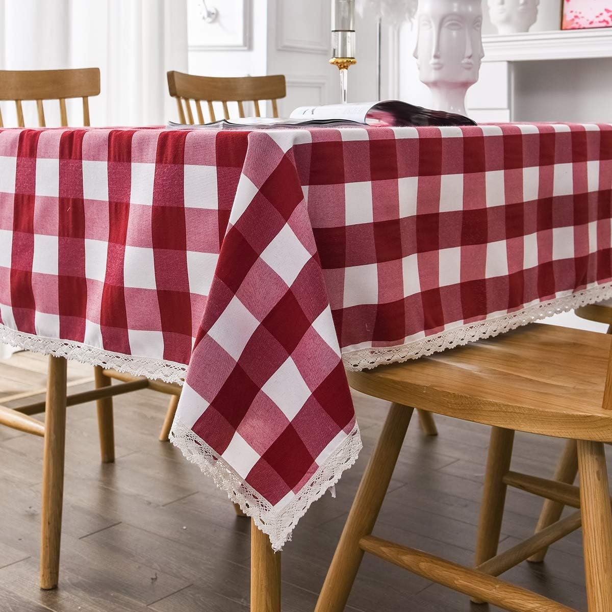 BEBEN Lace Checkered Tablecloth,Spillproof and Washable Polyester Table Cloth for Rectangle Tables,52-Inch-by-70,Red and White Checkered,Seats 4 to 6 People: Kitchen & Dining