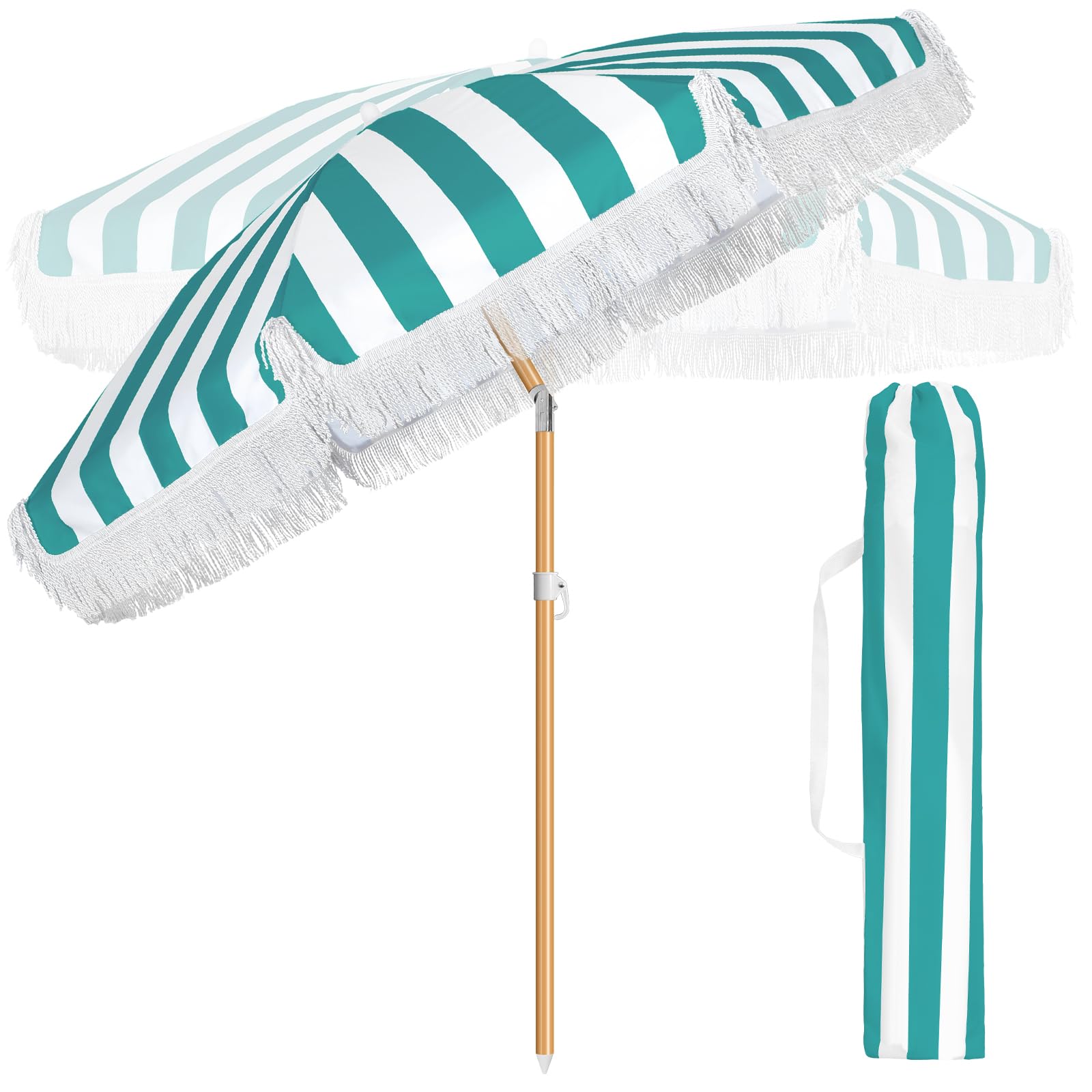 Photo 1 of **COLOR IS GREEN** Talltalk 6 ft Outdoor Beach Patio Steering Umbrella with Fringe, Steel Pole, Steel Ribs and Carry Bag Elegant Table UPF 50+ UV Boho Umbrella for Outdoor Picnic Beach Backyard(Light Blue and White)