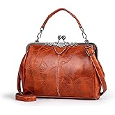 Women Vintage Hollow Handbag Oil Leather Shoulder Crossbody Bag Clutch Satchel Purse with Kiss Lock Closure