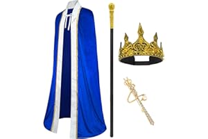 CosInStyle 3 Pieces Halloween King Prince or Queen Robe Red Cloak Cape Crown Wand Costume Set with King Crown Headband