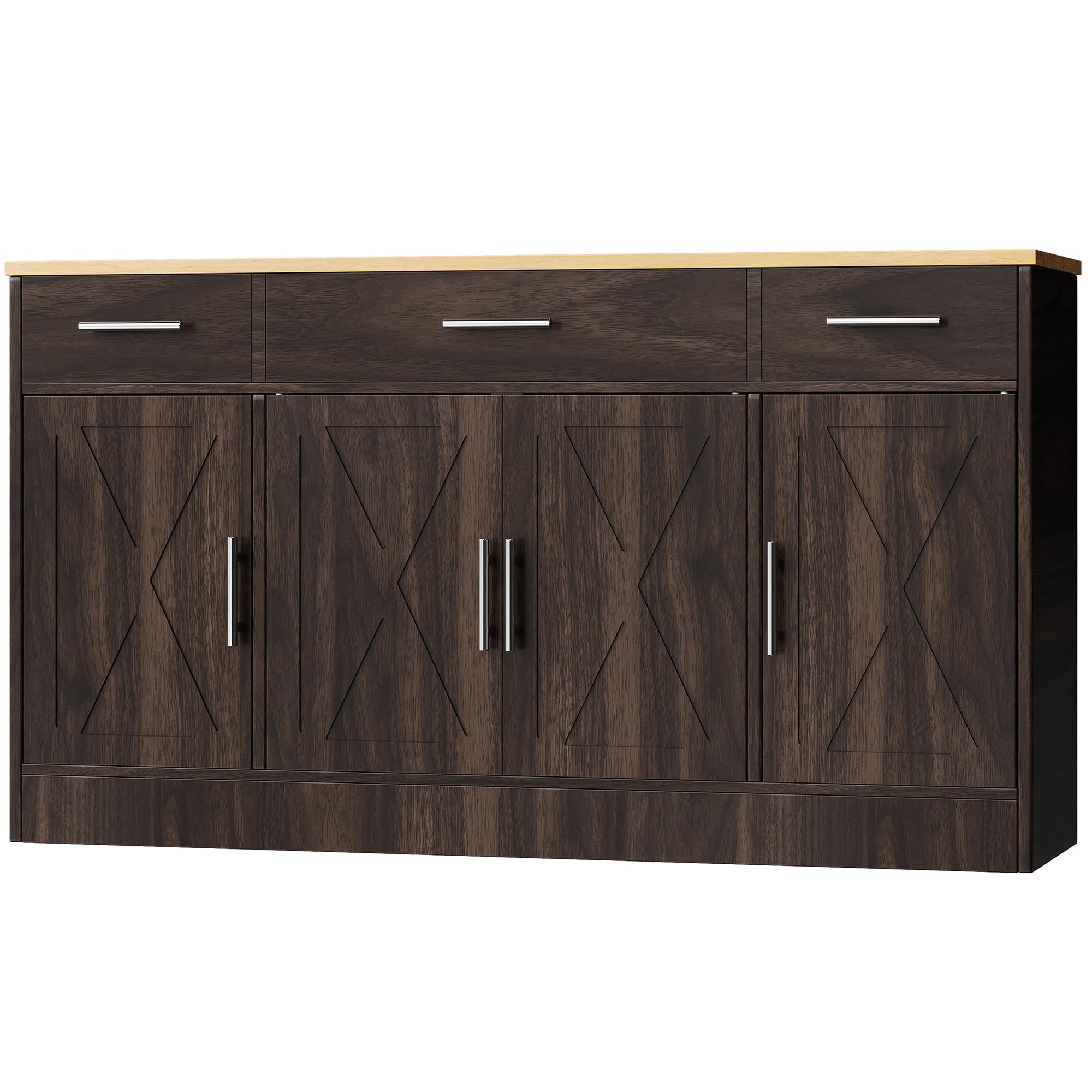 Photo 1 of Shintenchi Buffet Cabinet with Storage,53.4" Large Kitchen Storage Cabinet with 3 Drawers and 4 Doors,Wood Farmhouse Buffet Sideboard with Adjustable Shelf for Kitchen Living Room,Brown