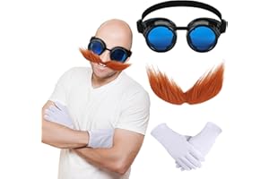 Skicuff 3 Pack Egg Robot Halloween Costume for Men Blue Goggles Glasses Large Mustache Self Adhesive Gloves for Cosplay