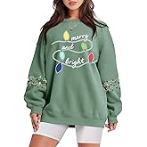 Oversized Christmas Sweatshirt Women Merry and Bright Shirt Christmas Tree Lights Sweatshirts Xmas Holiday Pullover Tops