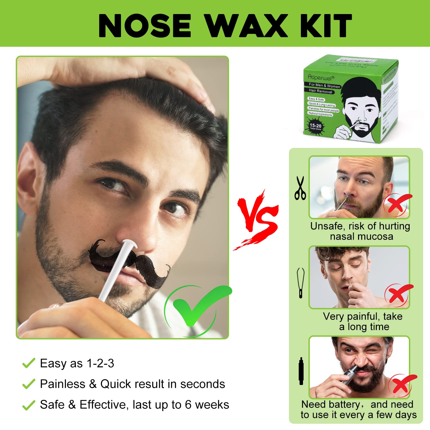 Auperwel Nose Wax Kit, 100g, for Painless Hair Removal, Includes 20 Applicators, 15 Mustache Guards, and 10 Paper Cups, Long-Lasting Results, Dermatologist Tested, Hypoallergenic, Sensitive Skin