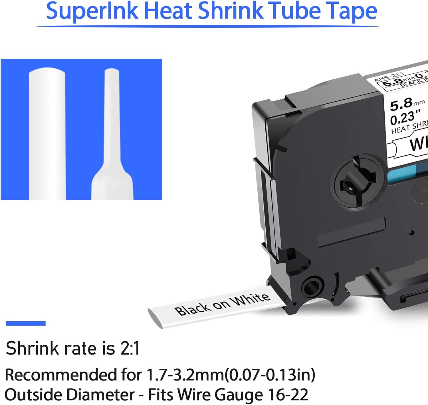 SuperInk 3 Pack Compatible for Brother HSe-211 HSe211 HS-211 HS211 Black on White Heat Shrink Tube Label Tape use in PT-D400 PT-D450 PT-E300 PT-E500 PT-P750WVP Printer (0.23''x 4.92ft, 5.8mm x 1.5m): Office Products