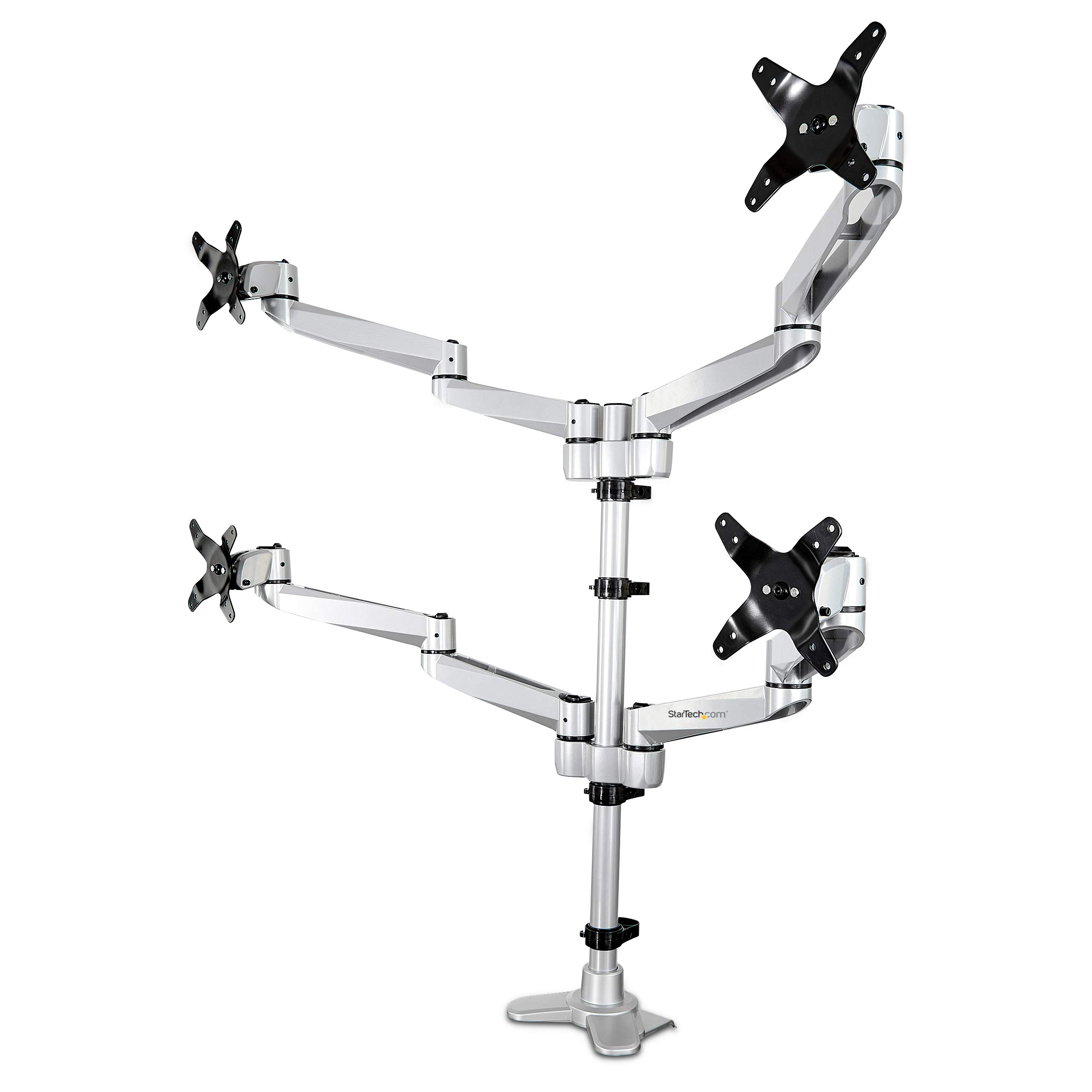 StarTech.com Desk Mount Quad Monitor Arm – Premium Articulating VESA 4 Monitor Mount 2x2 up to 27" – Ergonomic Height Adjustable Pole Mount - Tilt/Swivel/Rotate - C-Clamp/Grommet - Silver (ARMQUADPS)
