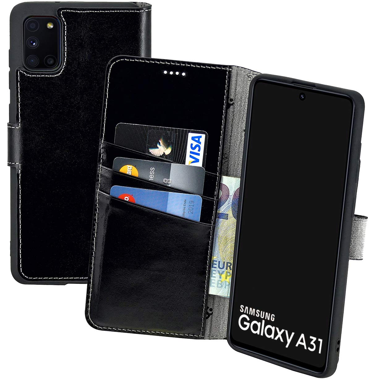 Suncase Book-Style Case Compatible with Samsung Galaxy A31 Leather Case (Slim Fit) Leather Mobile Phone Case Protective Case with 3 Card Slots in Black