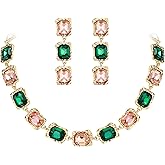 BriLove Gorgeous Jewelry Set for Women, Stunning Emeald Cut Crystal Statement Necklace Dangle Drop Earrings for Wedding Party Prom Accessories