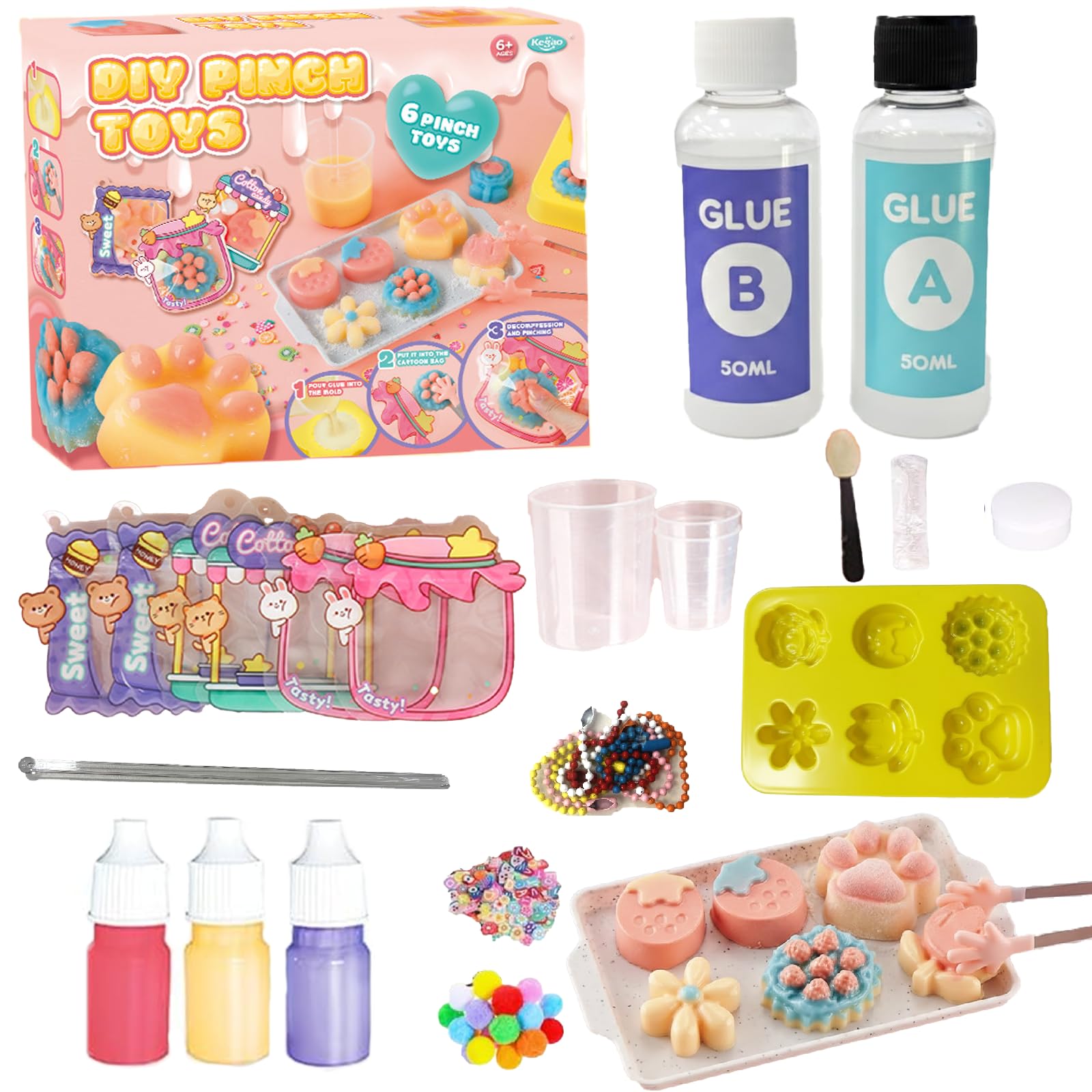 Squishy Making Kit, DIY Squishy Kit for Kids Ages 6 & Up, Squishy Kit with Mold Flocking Powder , make your own squishies, Stress Relief Craft Gift for Girls Kids Party Favors