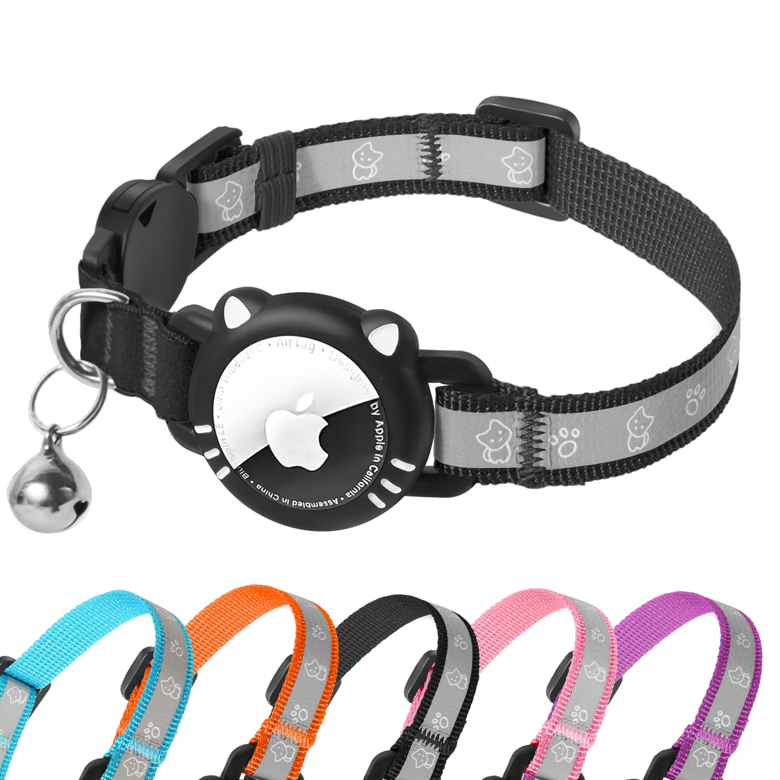 Ytanest Airtag Cat Collar, Reflective Air Tag Cat Collar with Apple Air Tag Holder, Breakaway Tracker Gps Collar for Small Cats, Kittens and Puppies, Black, S(9-11 Inch)