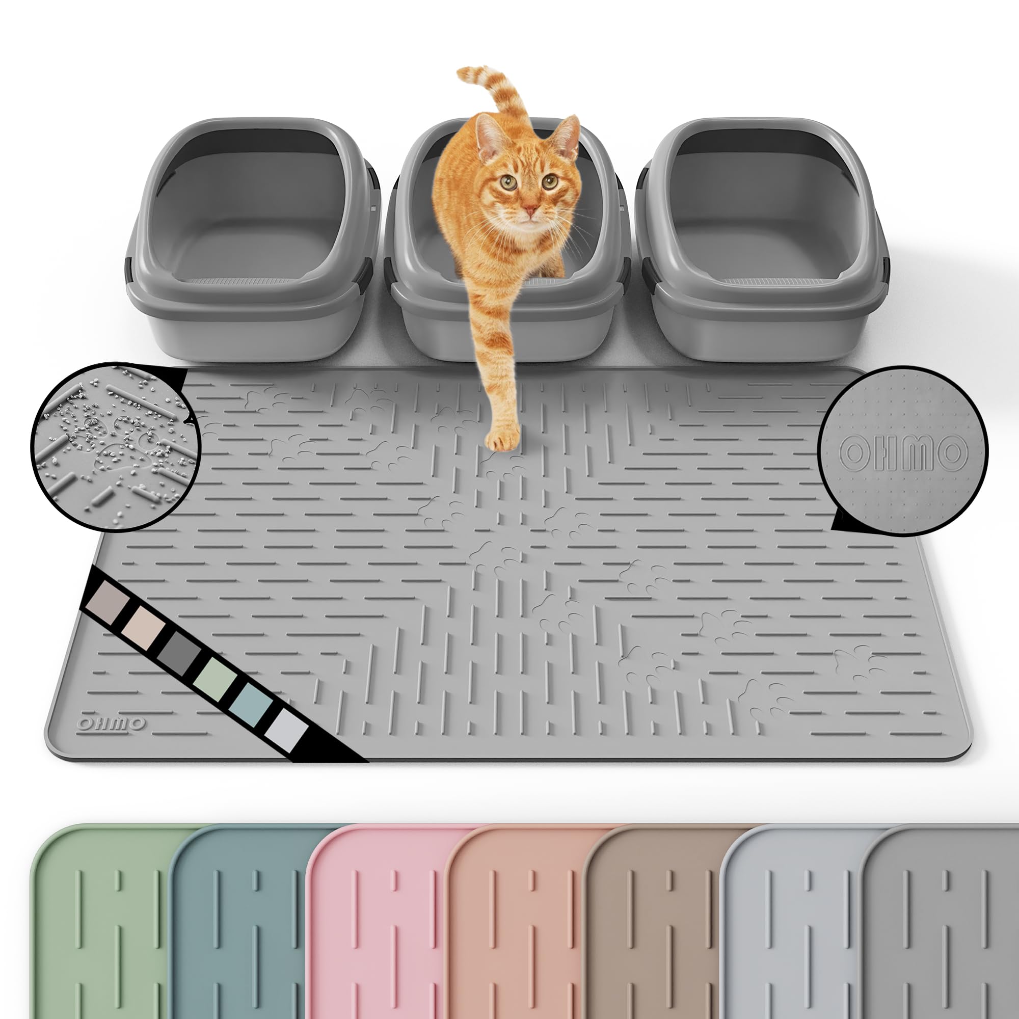 OHMO Cat Litter Mat Extra Large 95 x 64 cm Grey Premium Silicone, Easy to Clean Waterproof Kitty Under Box Trapping Mat, Keep The Floor Tidy