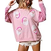 UAURORAO Christmas Sequins Sweatshirts Women Glitter Patch Crewneck Pullover Tops Sparkly Printed Xmas Long Sleeve Shirt