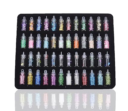 Electomania 48 in 1 Set Glass Bottles 3D Nail Art Set. Glitter Sequins Rhinestones Beads Assorted Colours