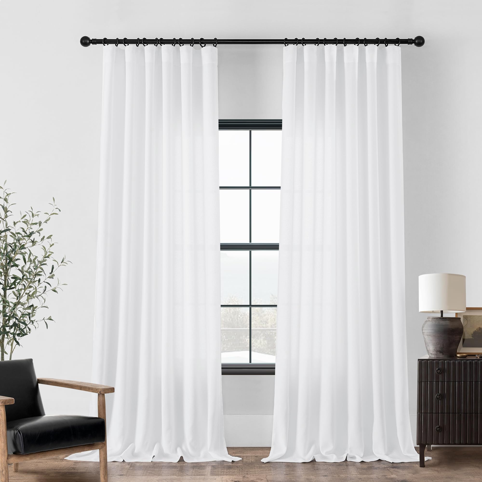 Photo 1 of DUKIYO Linen White Curtains 98 Inches Long for Living Room Bedroom Farmhouse Boho Rod Pocket Belt Tape with Hooks Semi Sheer Drapes Privacy Light Filtering Curtain 98 Inch Length for Nursery Laundry