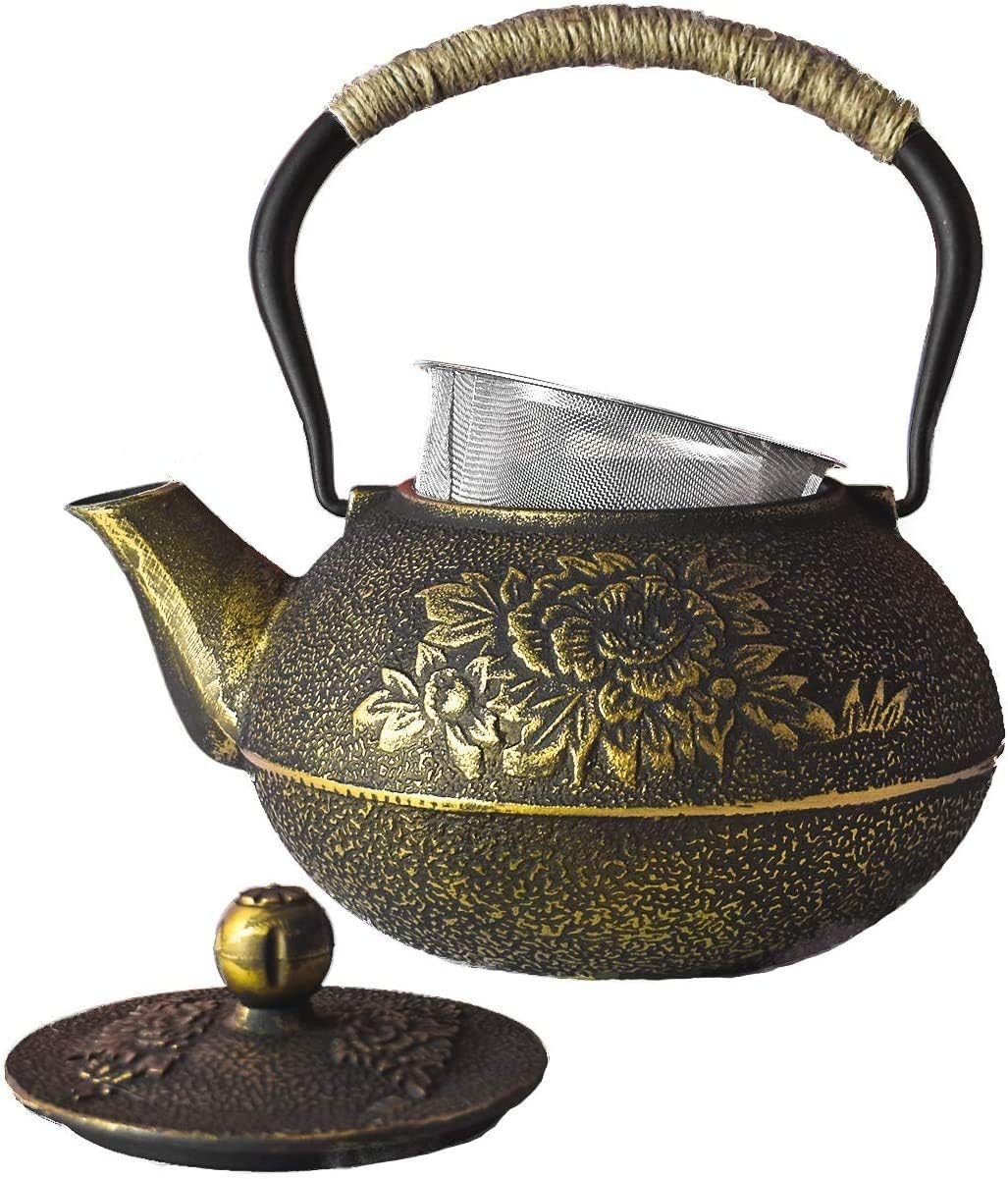 Charbrew Black & Gold Cast Iron Teapot 1200ml Teapot Kettle, Gold 1200ml, 1.2L - Image 3