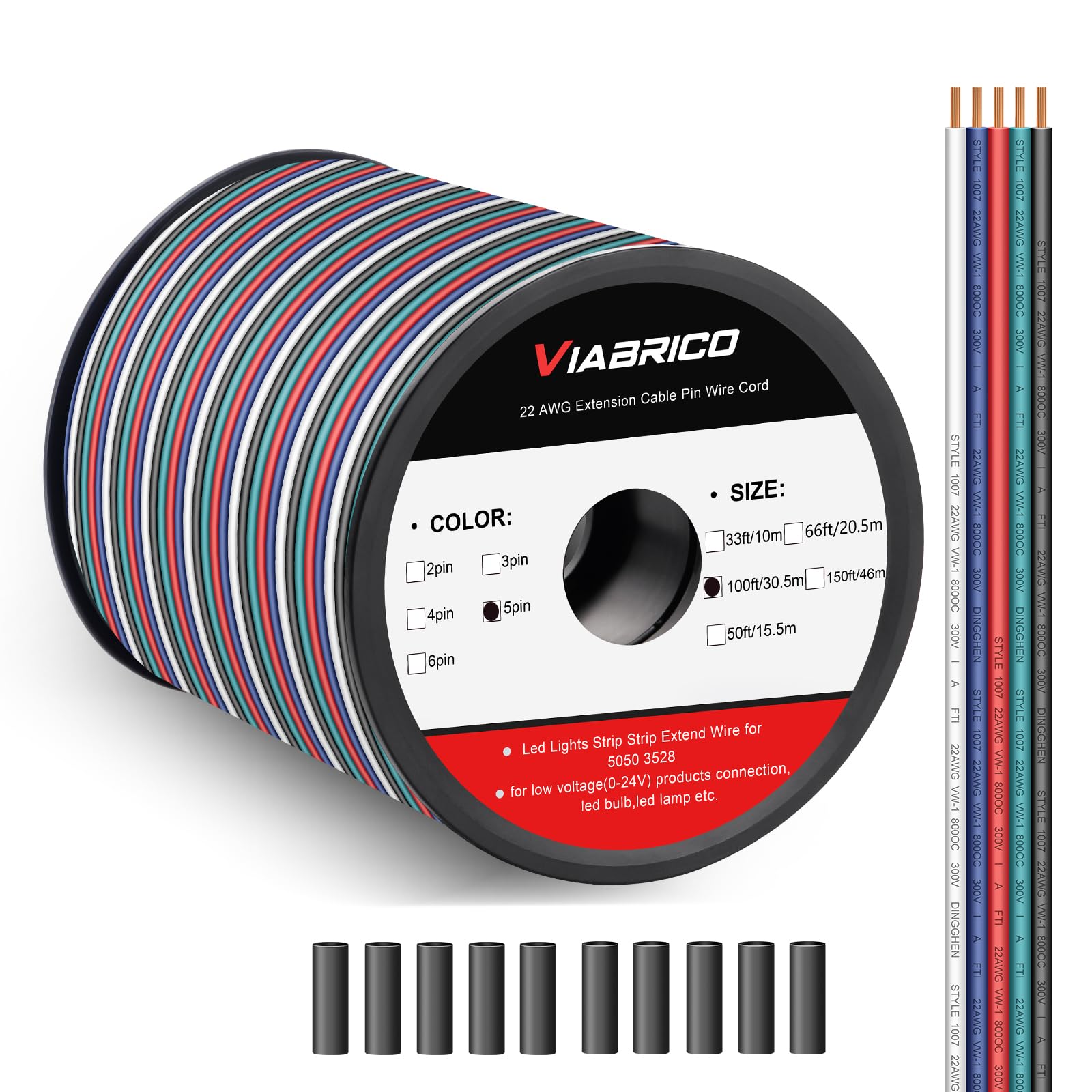 Photo 1 of 100ft RGBW LED Extension Cable 22 Gauge 5Pin 12V DC Electrical Wire 5 Colors 22AWG Wires with 10PCS shrinkable Tubes for RGBW 3528 5050 Led Strip Copper Clad Aluminum Copper Wire