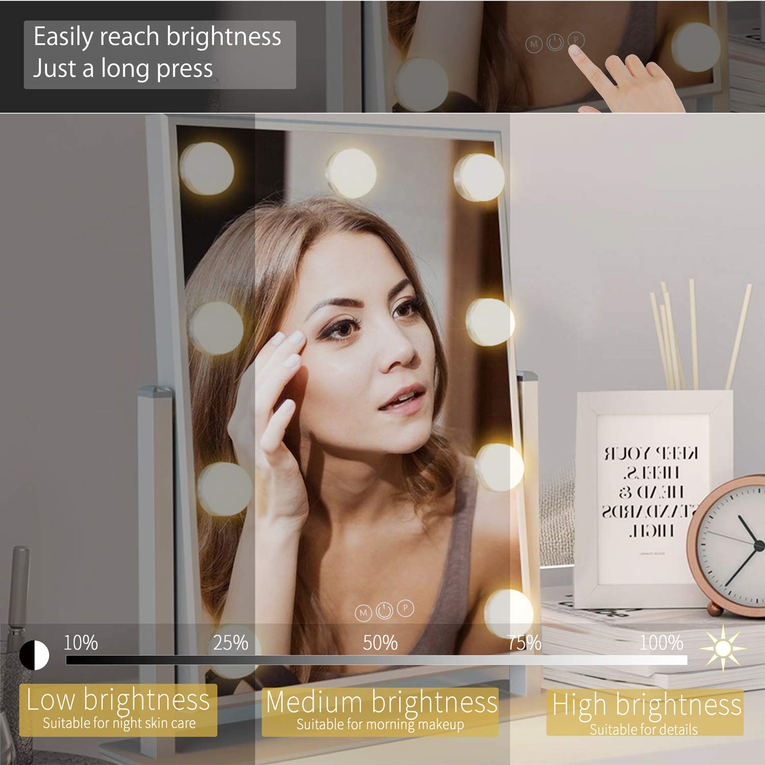 FENCHILIN Hollywood Mirror with Light Large Lighted Makeup Mirror Vanity Makeup Mirror Smart Touch Control 3Colors Dimable Light Detachable 10X Magnification 360°Rotation(White): Furniture & Decor