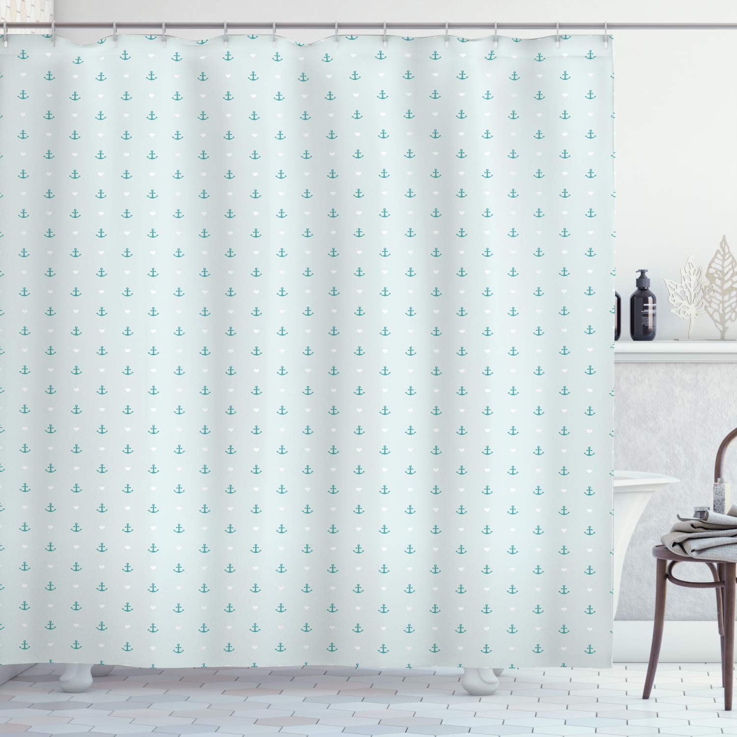 ABAKUHAUS Anchor Shower Curtain, Small Anchors and Little Hearts Romantic Holiday Vacation Ocean Theme, Cloth Fabric Bathroom Decor Set with Hooks, 70 Inches, Baby Blue Teal White