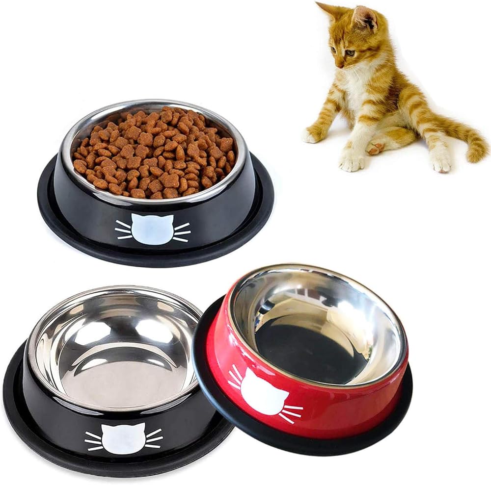 SUOXU Stainless Steel Non-Slip Cat Bowl Set of 3 Black Red Multi-Purpose