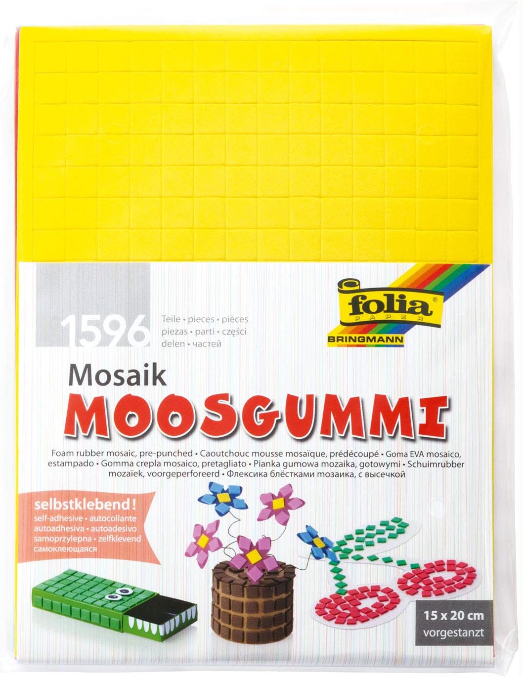 folia 2364 Mosaic Foam Rubber Self-Adhesive 6 Sheets Approx. 15 x 20 cm 2 mm Thick Assorted Colours for Versatile Crafts