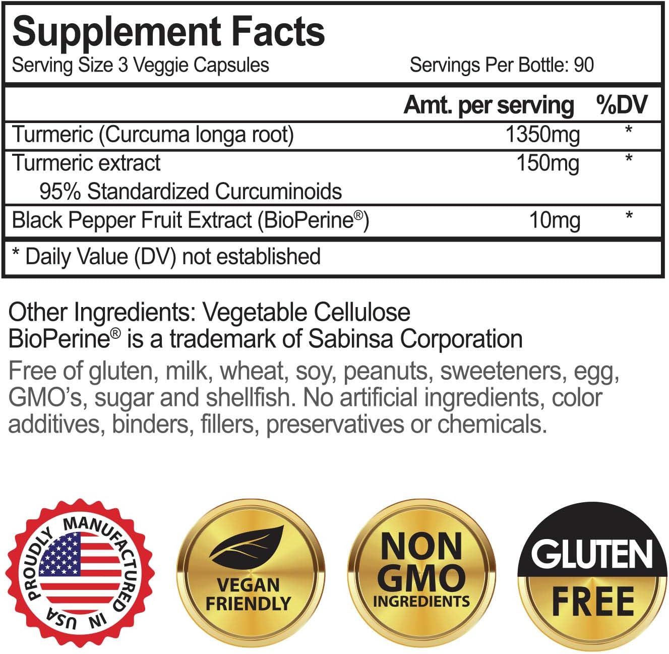Turmeric Curcumin with Bioperine 1500mg (90 Capsules) Maximum Potency Pain Relief & Joint Support Supplement 95% Standardized Curcuminoids. Non-GMO Tumeric Gluten Free Turmeric with Black Pepper: Health & Personal Care