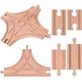 6 Pieces Switch Track Wooden Train Set Wooden Train Track Set-1Pc T Switch 1Pc Switching Track Wood-en Train Bridges Straight Wood Train Tracks Accessories for Most Major Toy Tra-in Tracks Railway