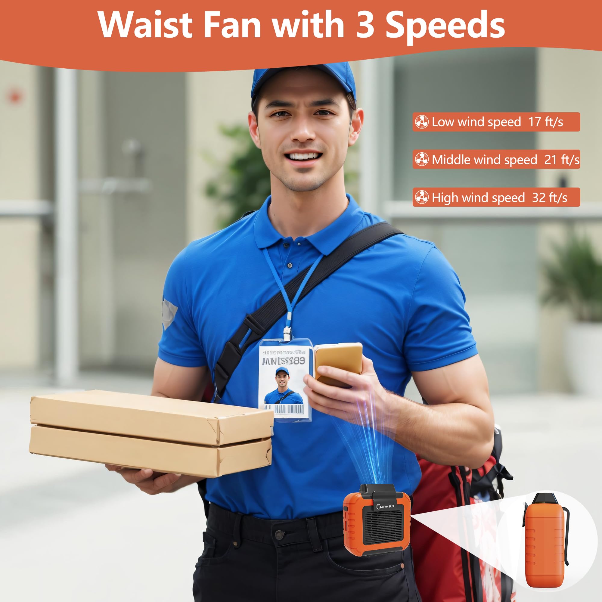 CHARMPㅤ Portable Waist Fan - 6000mAh Battery, 3 Speeds, Strong Airflow, Up to 16 Hours Working Time, Portable Hands-Free Cooling Belt Clip Fan for Construction Workers, Couriers, and Campers