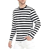 LEDING Mens Shirt Striped Black White Cotton Spandex Crewneck Long Sleeve Basic Pullover Stripe Casual Crew Tee Shirt
