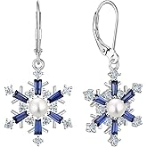 YL Snowflakes Earrings Sterling Silver Freshwater Cultured Pearl Dangle Earring Birthstone Christmas Jewelry for Women