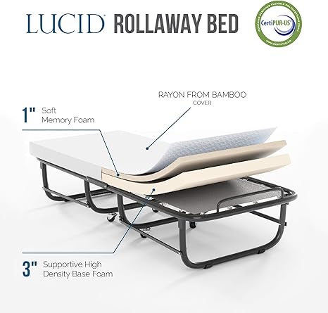 lucid rollaway folding guest bed with 4 inch memory foam mattress
