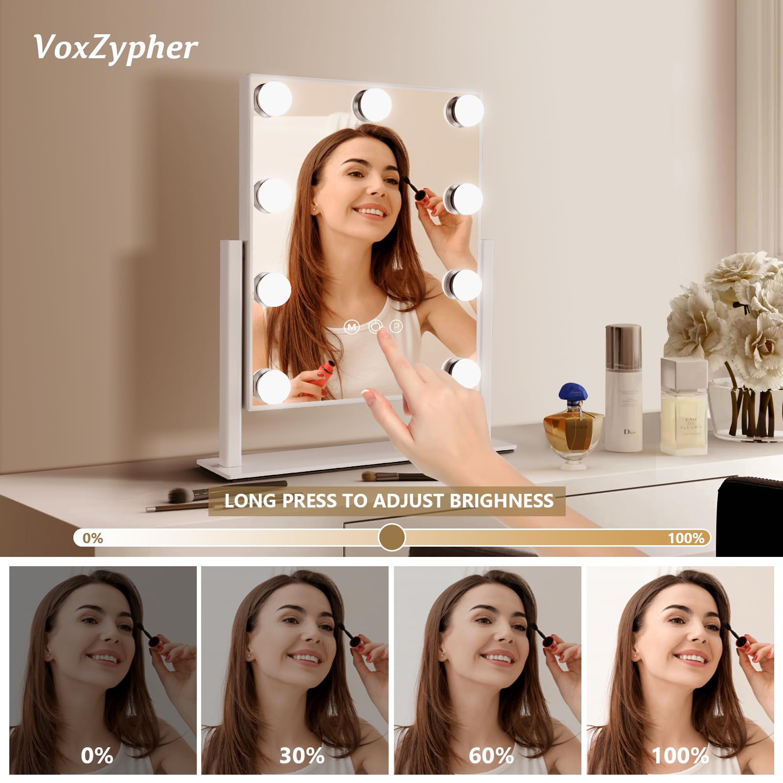 VoxZypher Hollywood Vanity Makeup Mirror with Lights - 9 LED Bulbs, Touch Control, 3 Colors Light, 360° Rotation, Light Up Vanity Mirror for Dressing Room & Bedroom