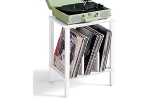LELELINKY 2-Tier Record Player Stand with Vinyl Record Storage up to 100 Albums, Bedroom Record Holder and Multi-Functional End Table for Living Room, White
