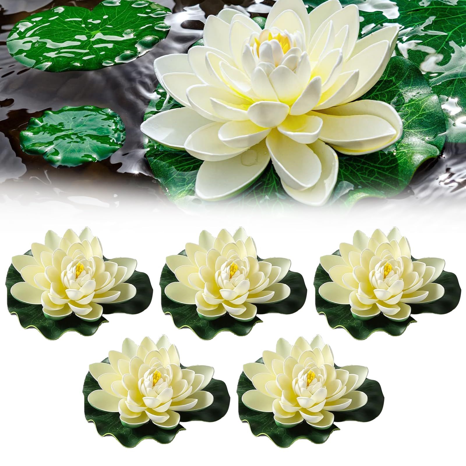 Toulifly 5 Pack White Floating Lotus Flowers, 9cm Realistic Artificial Water Lilies, Waterproof, Ideal for Home Garden, Pool Ponds, Aquarium