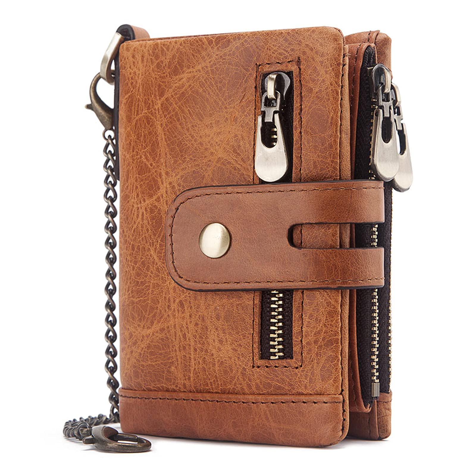 Mens Wallet with Chain RFID Blocking Men's Genuine Leather Wallet Bifold Wallet with Credit Card Holder and Zipper Coin Pocket Purse, Brown
