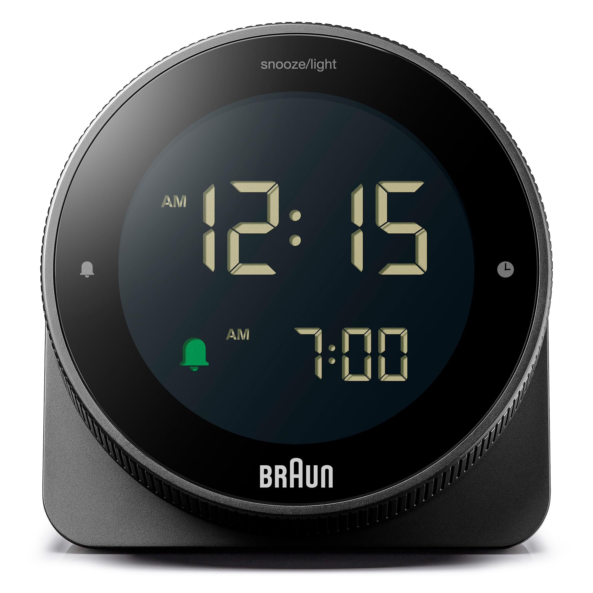 Braun Digital Alarm Clock with Snooze, Negative LCD Display, Rotating bezel for quick time setting, Crescendo Beep Alarm in Black, model BC24B.