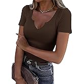 Roselux Women V Neck Ribbed Short Sleeve Shirt Fitted Basic Henley Knit Top