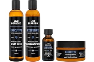 Live Bearded Complete Beard Grooming Kit - Wash, Conditioner, Butter and Oil - Made in the USA with All-Natural Ingredients - Mens Groom Set | Executive Scent - Cedar, Vanilla