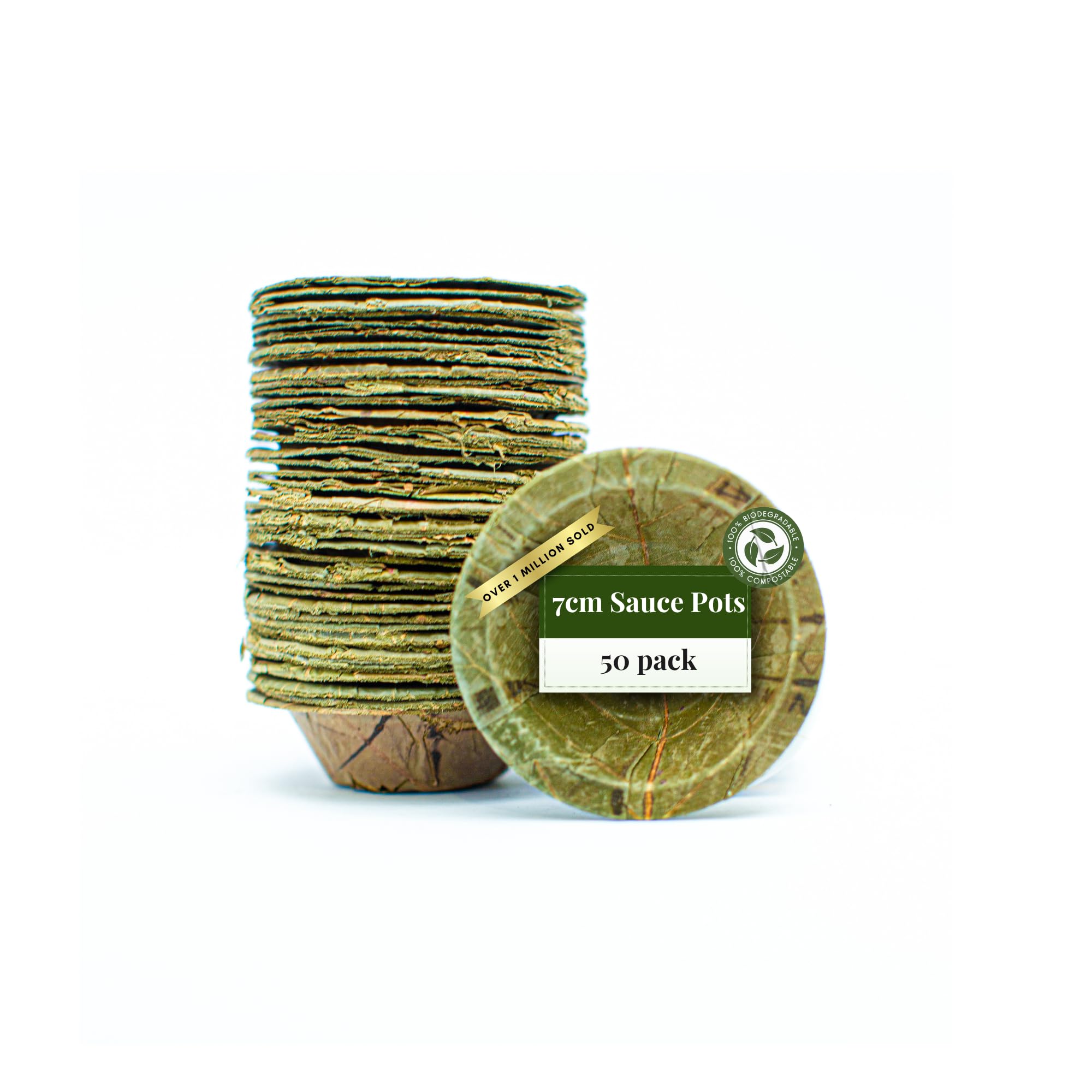 Tapari Disposable Sauce Ramekins - 50 Pack Mini Sauce Pots - 7cm Diameter - Made from Sturdy & Eco-Friendly Sal Leaves - 100% Compostable & Biodegradable Disposable Leaf Soufflé pots - 30ml, Green
