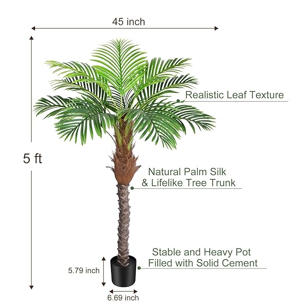 KEEPLUSH 5FT ARTIFICIAL PHOENIX PALM TREE FOR OUTDOOR INDOOR DECOR, FAUX COCONUT SILK PALM TREE TROPICAL FAKE TREE PLANT FOR OUTSIDE PATIO INDOOR HOME OFFICE BATHROOM POOL COASTAL DECOR (SET OF 2)
