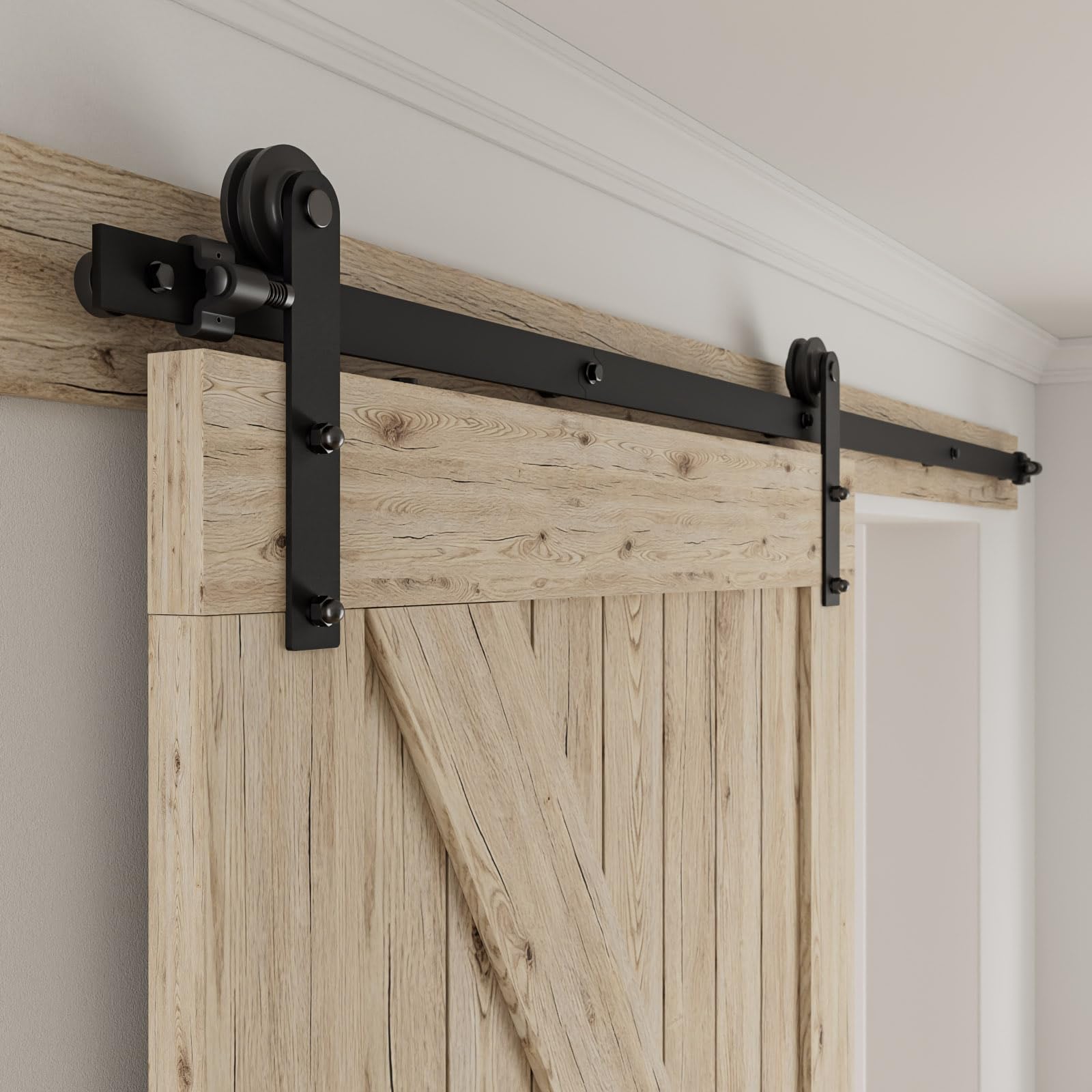 CCJH 18FT Single Sliding Barn Door Hardware Kit Black Carbon Steel Hanger Flat Track System for Closet Kitchen 1 Door 108 inch Wide, Smoothly and Quietly I Shape Roller Image