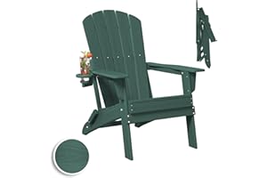 Plawdlik Folding Adirondack Chair, SGS Tested, Wooden Textured with Cup Holder, Heavy All-Weather HDPE Comfortable Set Poolside Backyard Lawn Green