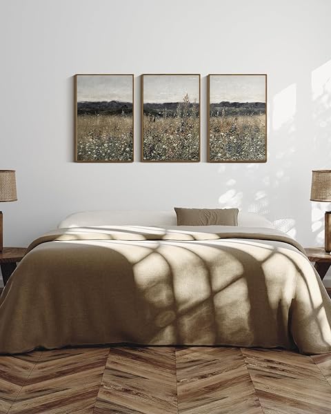 INSIMSEA OVERSIZED VINTAGE LANDSCAPE ART FOR LIVING ROOM BEDROOM,3PCS, EXTRA LARGE FRENCH COUNTRY PAINTINGS WALL DECOR FOR HOME, RUSTIC FARMHOUSE MEADOW FRAMED CANVAS PRINTS PICTURE,16X24IN