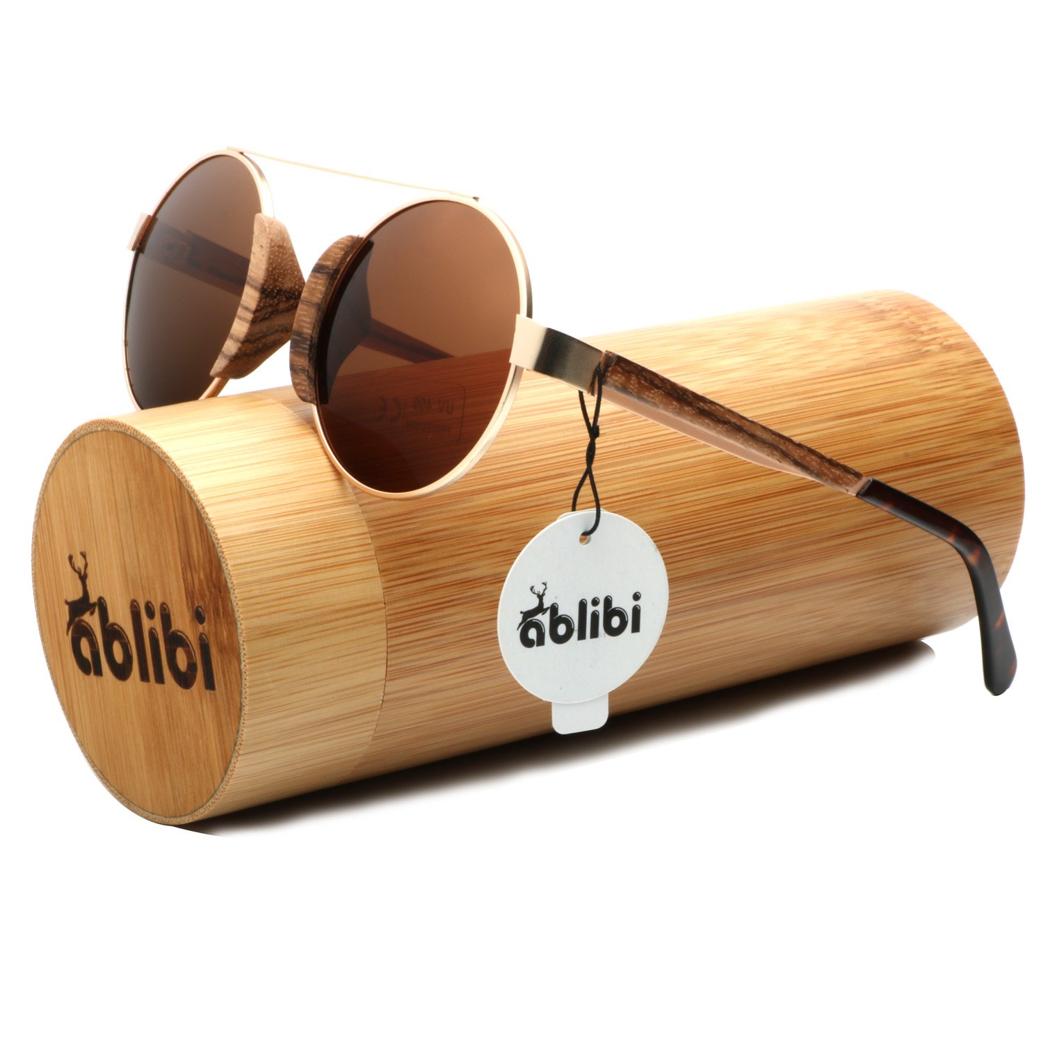 Ablibi Vintage Lennon Style Polarized Circle Sunglasses Men\'s Ozzy Elton Hippie Round Small Retro Design Wood Shades (Zebrawood, Solid Brown)