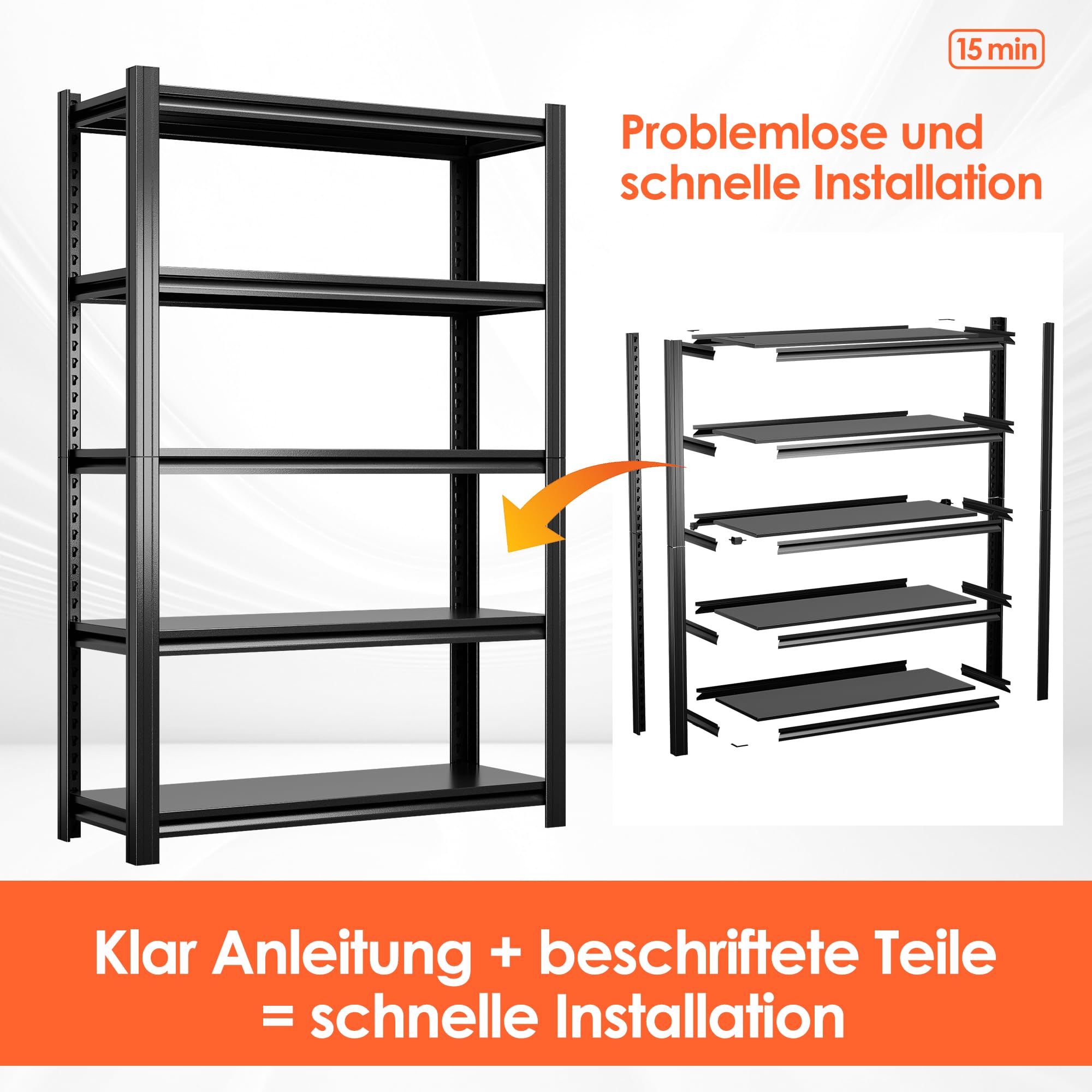 SUPEER Schwerlastregal Metall 183x90x40 cm mit 5 Verstellbaren Metallböden | Lagerregal für Keller & Werkstatt | Tragkraft bis 1000 kg | Schwarz ﻿ 5