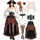 Ccfurwo 10pcs Adult Halloween Pirate Costume for Women with Accessories | Pirate Themed Party Costume with Soft Breathable Lightweight Shirt Skirt Complete Accessories Set
